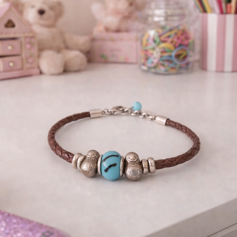 Matryoshka Bracelet UNIQUE Turquoise Bead Leather Cord - Pre-loved (7"-8")